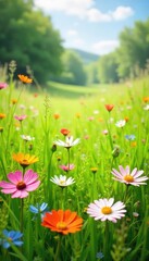 Obraz premium Vibrant, sun-drenched meadow bursting with wildflowers and lush green grass, perfect for fresh and natural backgrounds , ecosystem, pastoral