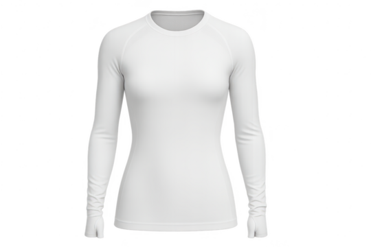 White long-sleeved athletic shirt with thumbholes, isolated on transparent background, sportswear.