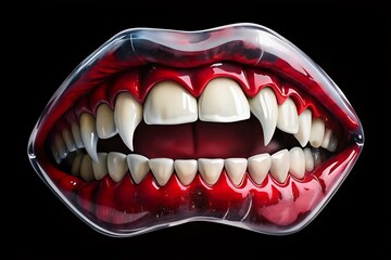 Vampire fangs and bloody lips on black background