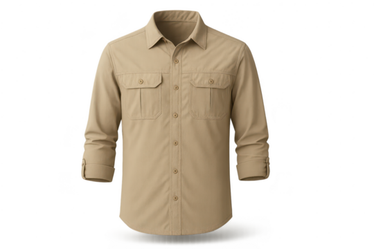 Beige long-sleeved shirt with pockets isolated on transparent background