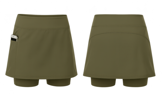 Stylish olive green active skort with shorts, transparent background, front and back.
