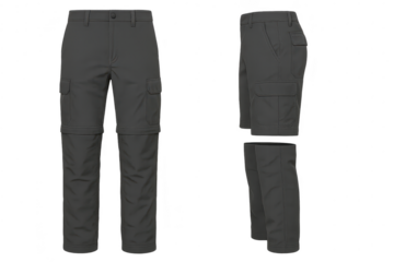 Dark gray convertible cargo pants, isolated on transparent background.