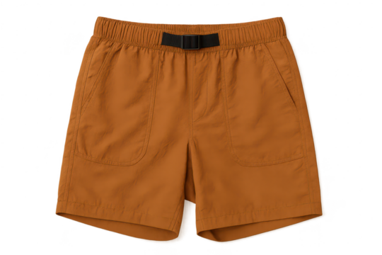 Men's casual brown-orange shorts with buckle, isolated on a transparent background