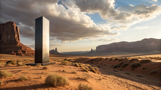 monolith in desert landscape at sunset
