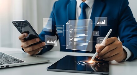 Elegant businessman integrating business data across devices for strategic analysis and dynamic forecasting success