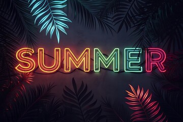 Vibrant neon summer sign surrounded by tropical leaves at night