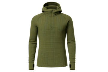 Olive green grid fleece hoodie with thumbholes isolated on transparent backdrop