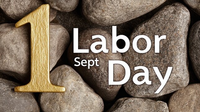 Labor Day" text with a large number "1" on a background of smooth stones