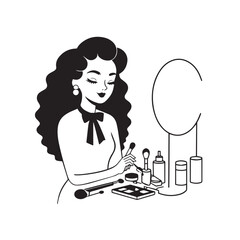 Black and white line art of a beautiful woman doing makeup at dressing table with mirror illustration