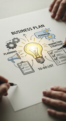 Hand-drawn business plan sketch, showcasing lightbulb idea, gears, checklist, megaphone, feedback bubbles, and marketing strategies, representing planning, innovation and strategic development