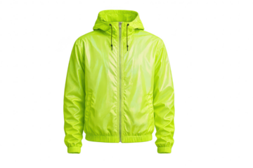 Bright neon yellow windbreaker isolated on transparent background, hooded style