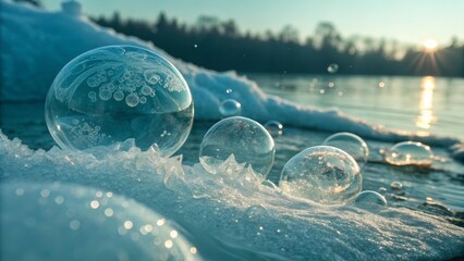 frozen bubbles on icy lake at sunset