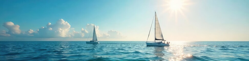 Stunning view of sailboats gliding across a calm, sun-drenched ocean on a beautiful day  Perfect for travel, nautical, or summer themes  Ideal for websites, brochures, and magazines ,  holiday,  blue