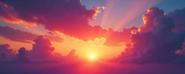 Fototapeta premium Stunning vibrant sunset paints the sky with fiery oranges, pinks, and purples, fluffy clouds catching the last rays of the sun A breathtaking scene of natural beauty , awe-inspiring, glow