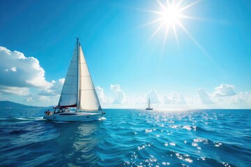 Obraz premium Sailboats Glide Across a Sun-Drenched Ocean Vibrant Blue Sky, Crisp Detail, Perfect Summer Travel Image