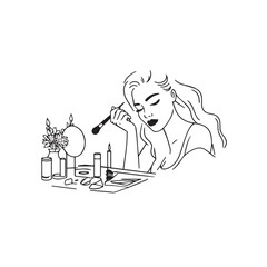 Black and white line art of a beautiful woman doing makeup at dressing table with mirror illustration