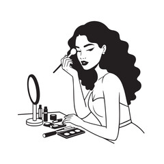 Black and white line art of a beautiful woman doing makeup at dressing table with mirror illustration