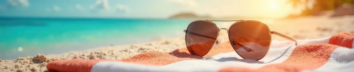 Stylish sunglasses resting on a beach towel, offering shade from the bright sun Perfect for summer vacation, relaxation, and sun protection imagery , sunshine, light