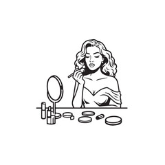 Black and white line art of a beautiful woman doing makeup at dressing table with mirror illustration