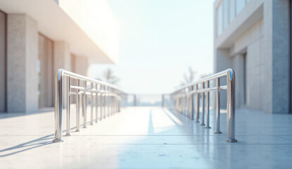 Close-up of wide pedestrian ramp with double handrails, ideal for accessibility, urban design, construction, public infrastructure, and modern architecture projects