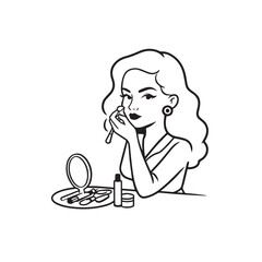 Black and white line art of a beautiful woman doing makeup at dressing table with mirror illustration
