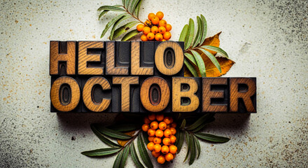Wooden letter blocks spelling 'Hello October' with autumn leaves and berries, evoking a seasonal greeting.
