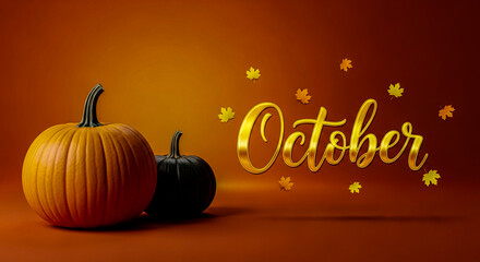Two pumpkins, one large orange and one smaller dark green, sit on a warm orange surface with scattered golden autumn leaves and the word october