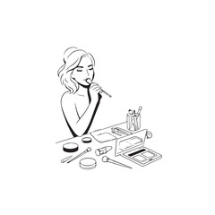 Black and white line art of a beautiful woman doing makeup at dressing table with mirror illustration