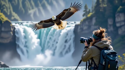 Eagle circling above waterfall amidst lush landscape, wildlife capturing stunning moment. Concept of eagle circling above waterfall showcases nature's beauty and power.