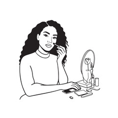 Black and white line art of a beautiful woman doing makeup at dressing table with mirror illustration