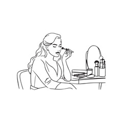 Black and white line art of a beautiful woman doing makeup at dressing table with mirror illustration