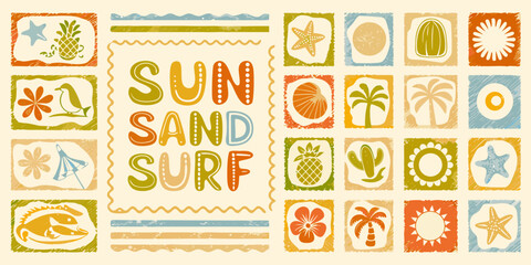 Fun hand drawn sun sand surf text surrounded by tropical beach icons and patterns