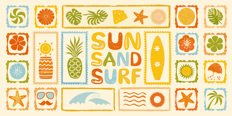 Fun summer vacation theme collage with sun sand surf text and tropical elements
