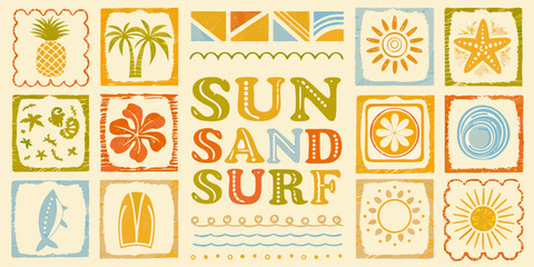 Retro sun sand surf tropical beach vacation theme with pineapple palm trees and ocean elements