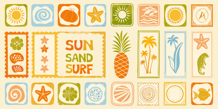 Retro summer vacation theme with sun sand surf palm trees pineapple and ocean life icons