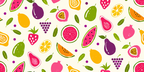 Vibrant and colorful assortment of fresh fruits scattered across a light background