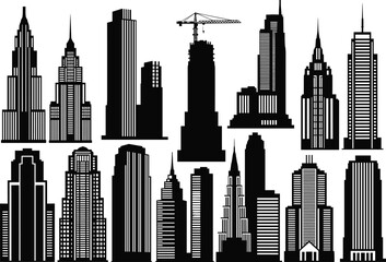 Obraz premium silhouette, skyscraper, building, tower, highrise, skyline, urban, architecture, crane, construction, vector, black, icon, design, structure, modern, project, engineering, development, cityscape