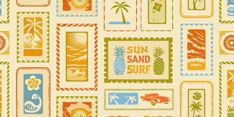 Retro hawaiian stamp pattern with tropical motifs and beach scenes