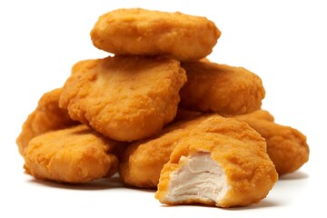 Crispy Golden Chicken Nuggets Pile Up Delicious Snack Time with One Bite Missing Isolated