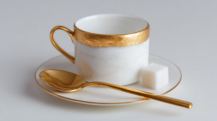Elegant gold coffee cup saucer and spoon with sugar cube