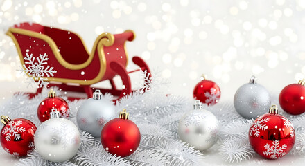 Red and silver Christmas ornaments with sleigh and snow