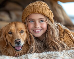 A girl and her golden retriever dog are laying down together, smiling