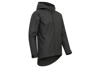 Isolated black hooded waterproof jacket on transparent background, stylish wear