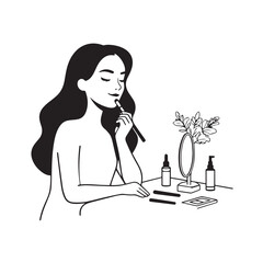Black and white line art of a beautiful woman doing makeup at dressing table with mirror illustration