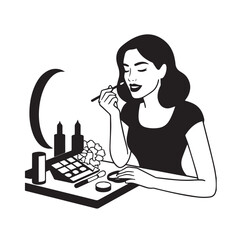 Black and white line art of a beautiful woman doing makeup at dressing table with mirror illustration