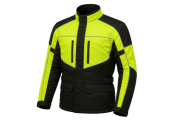Isolated black and yellow motorcycle jacket on transparent background, safety wear