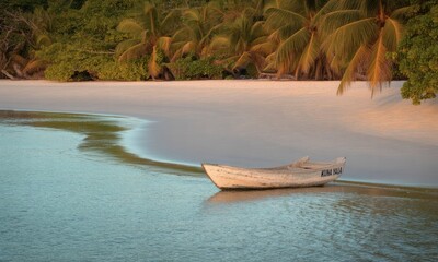 Tranquil beach scene with a small boat.  Gentle waves lap a pristine white sand beach, fringed by lush tropical vegetation, including palm trees. A weathered wooden boat rests near the water's edge