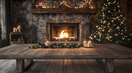 Rustic Wooden Table in Cozy Room with Fireplace and Christmas Tree Lights