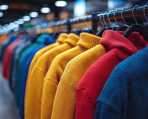 Colorful sweaters on hangers in a store