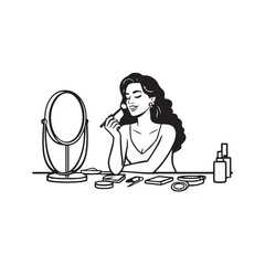 Black and white line art of a beautiful woman doing makeup at dressing table with mirror illustration
